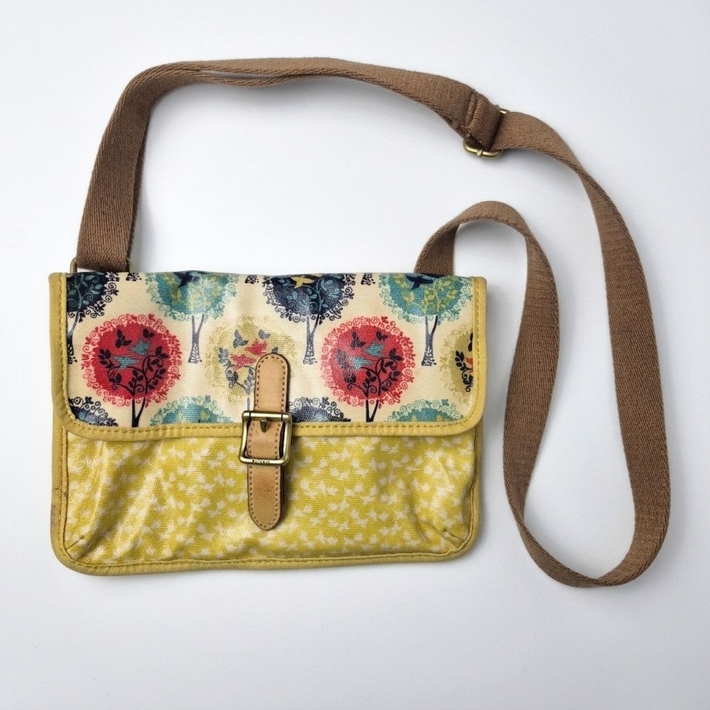 Fossil Key-Per Vintage Crossbody Bag Coated Canvas Tree Bird Nature Print Y2K